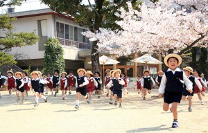 桜の下走る